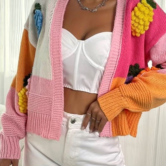 Women Open Knit Sweater Cardigan Medium Pink Orange Colorblock Fruit Embroidery - Picture 3 of 15